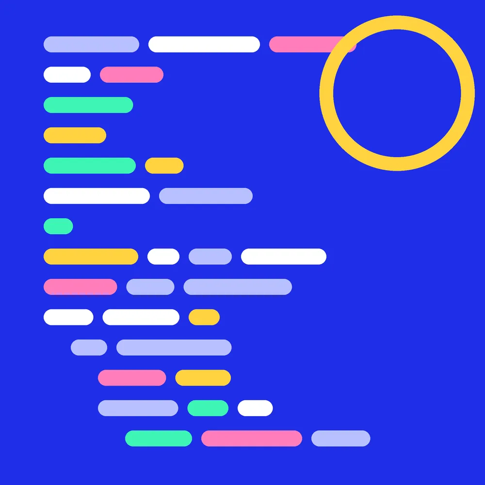 Abstract composition of coloured code-line shapes on a cobalt background for the Android app development service