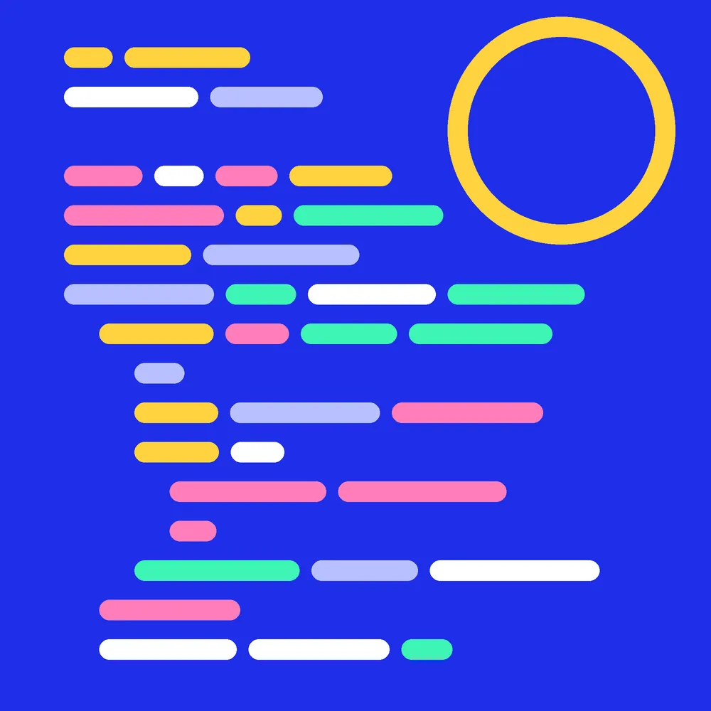 Abstract composition of coloured code-line shapes on a cobalt background for the Release and maintenance service