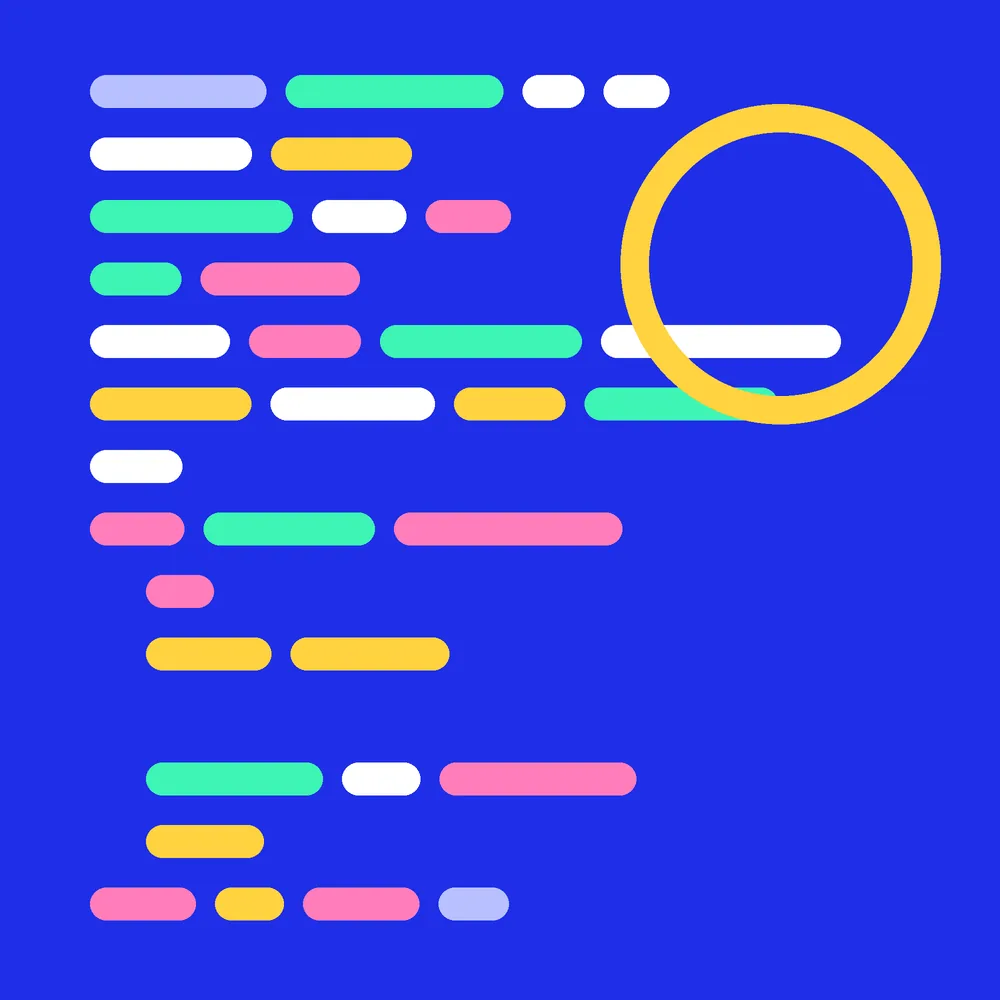 Abstract composition of coloured code-line shapes on a cobalt background for the Backend and APIs service
