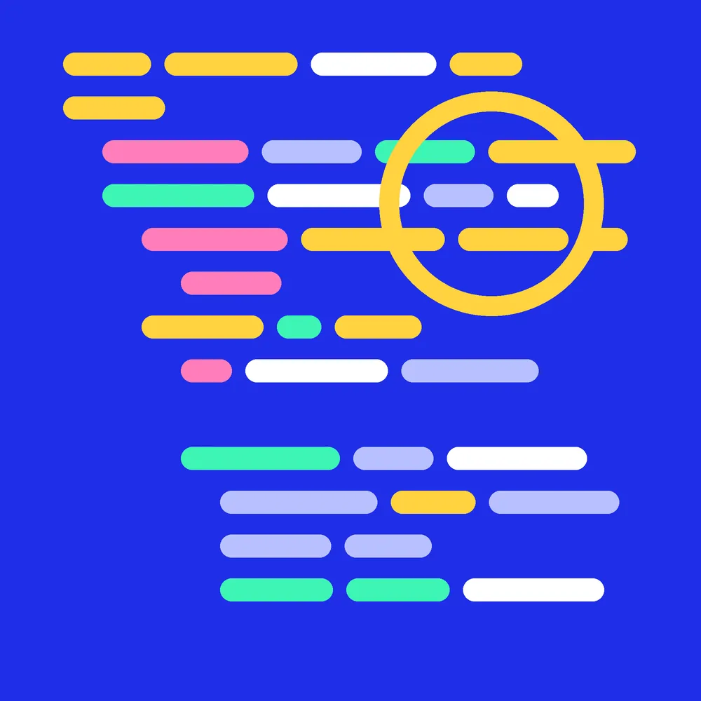 Abstract composition of coloured code-line shapes on a cobalt background for the Cross-platform apps service