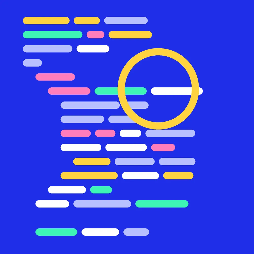 Abstract composition of coloured code-line shapes on a cobalt background for the iOS app development service