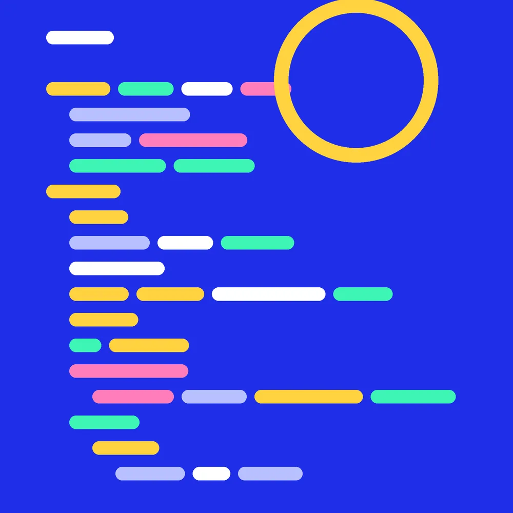 Abstract composition of coloured code-line shapes on a cobalt background for the Mobile game development service