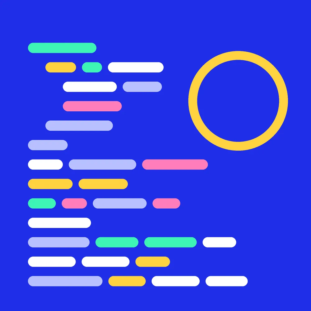 Abstract composition of coloured code-line shapes on a cobalt background for the Testing and QA service