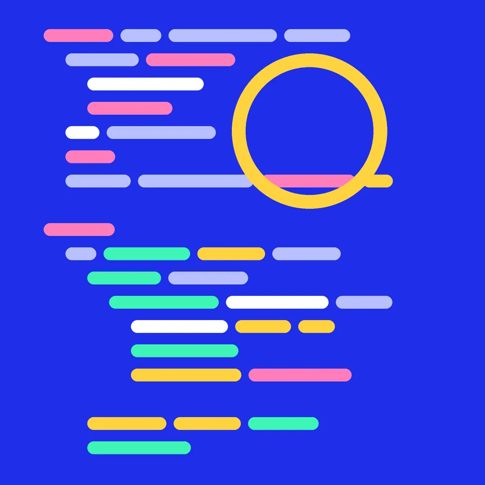 Abstract composition of coloured code-line shapes on a cobalt background for the UI and UX design service